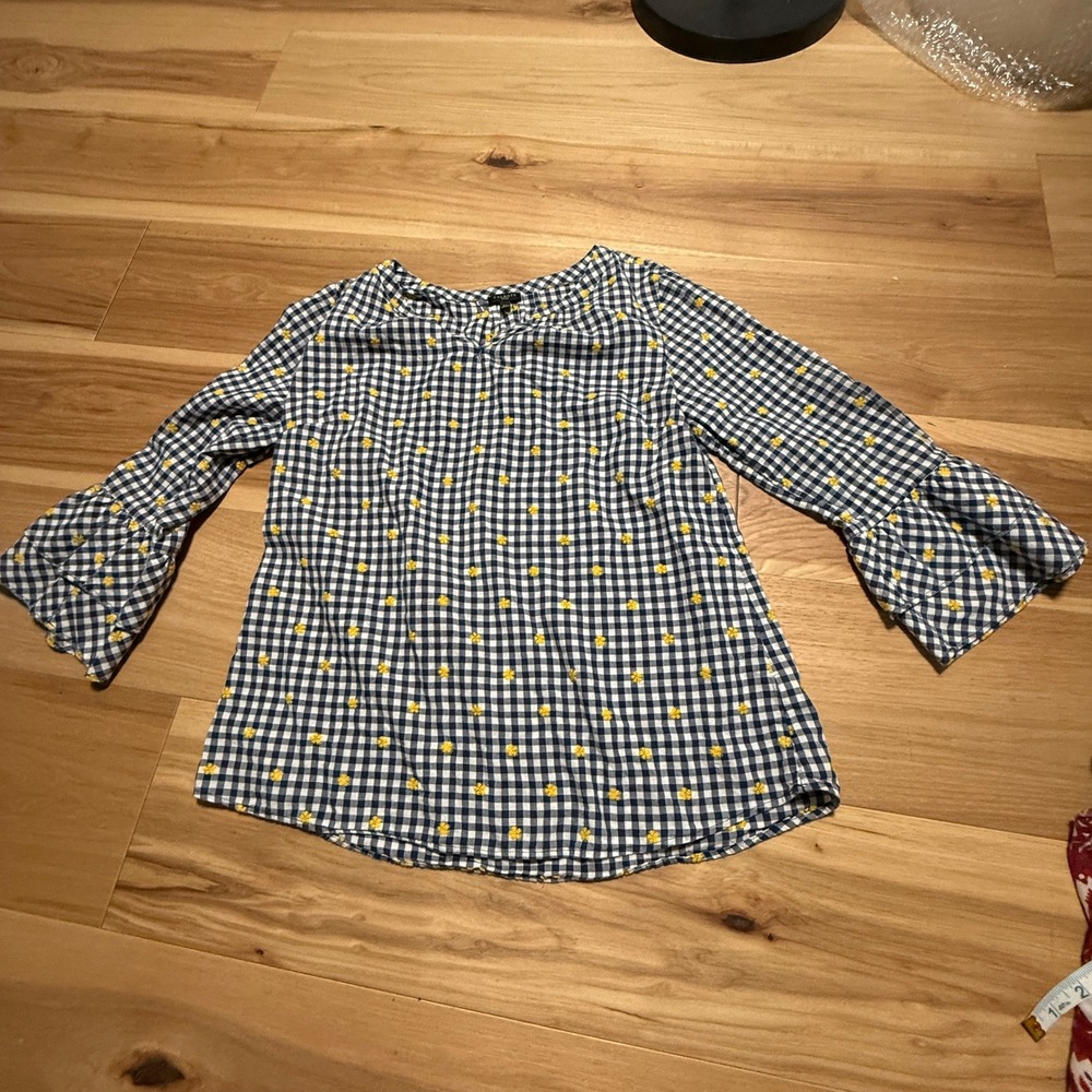 Talbots Gingham Floral Blouse SZ LP Navy White Yellow Bell Sleeve Cottagecore